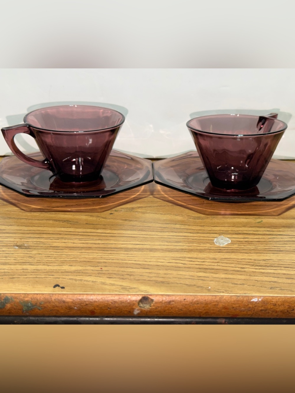 2- Sets Hazel Atlas Moroccan look Amethyst Purple Glass Tea Cups Saucer